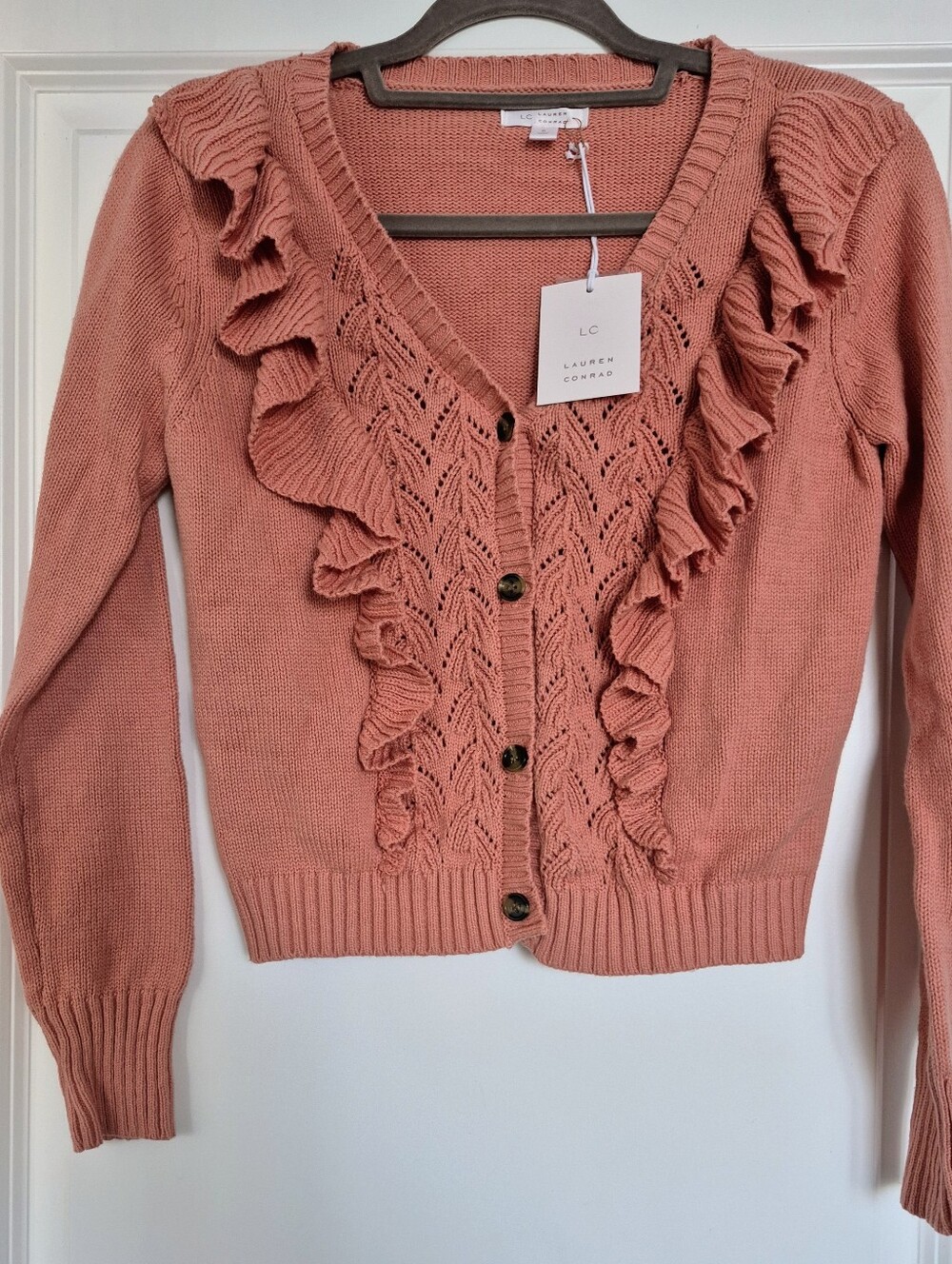 LC Lauren Conrad Coral Ruffle Knit Cardigan Sweater
